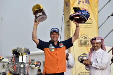 Marc Coma celebrates during Sealine Cross Country Rally 2015 in Qatar on April 24, 2015